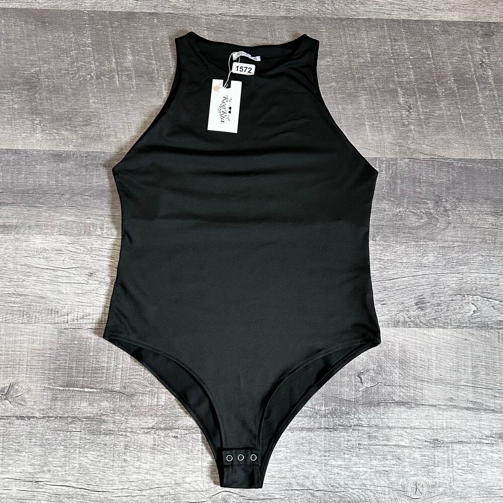 REORIA Ultimate Obsession Halter Bodysuit NEW Womens XL Black Snap Button